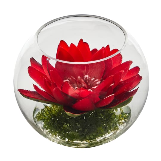 8&#x22; Red Lotus Arrangement in Glass Bowl Vase